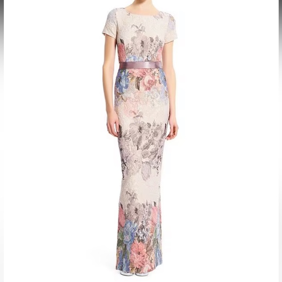 BHLDN Adrianna Papell Blush Floral Matelasse Colum Gown | Wedding Dress - Picture 9 of 14